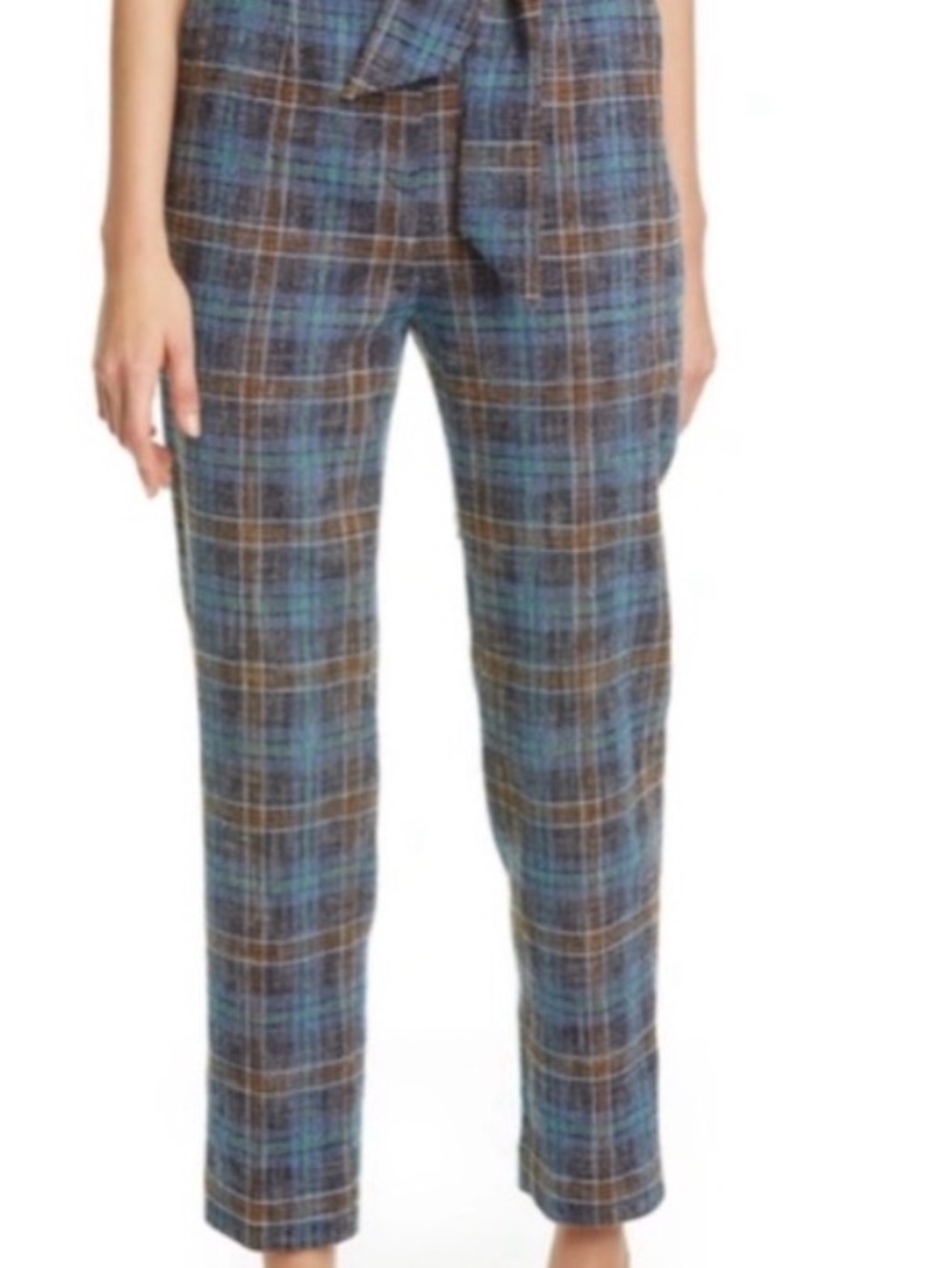 Veronica Beard Blue and Brown Plaid Tie-Waist Ankle Pants